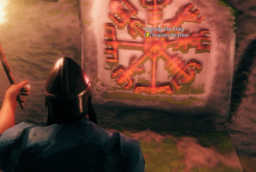 The Elder Vegvisir glowing inside a Valheim Burial Chamber