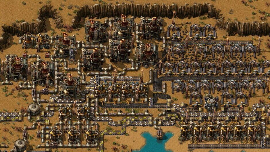 A complex network of conveyor belts and assembly machines in Factorio illustrates the core automation loop.