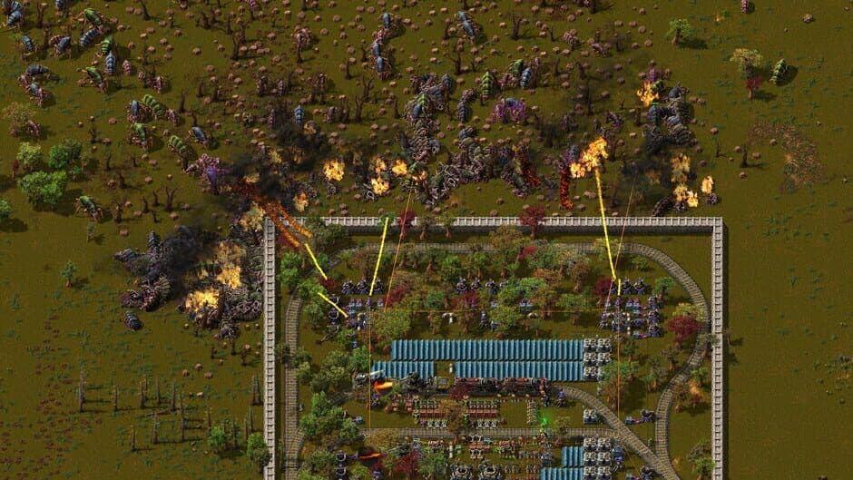 Factorio gameplay showing the distinct silhouettes of different buildings for easy identification during play.