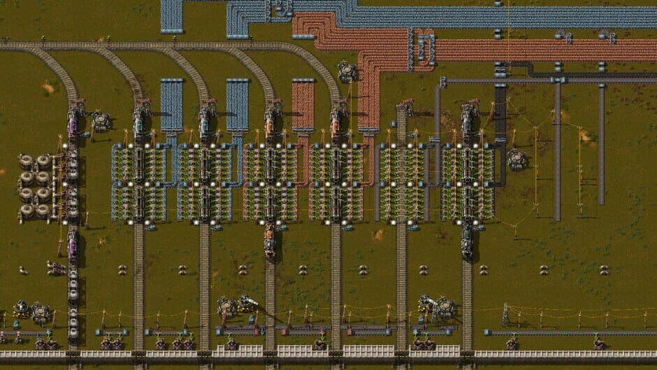 Detailed view of Factorio's logistics robots and storage systems in a late-game factory.