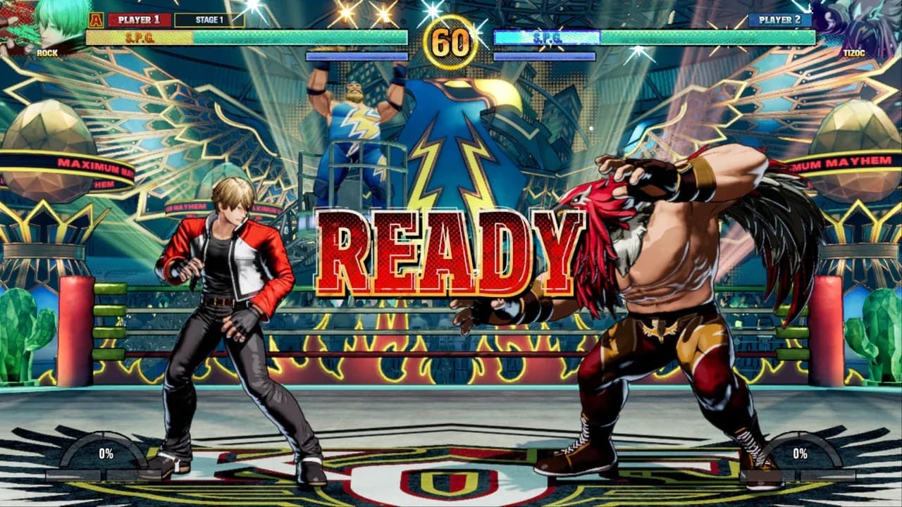 Preecha and King of Dinosaurs battle in a vibrant wrestling arena in Fatal Fury: City of the Wolves.