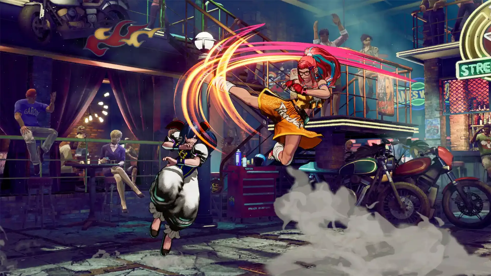 B. Jenet realizando una patada alta en un combate callejero de Fatal Fury: City of the Wolves.