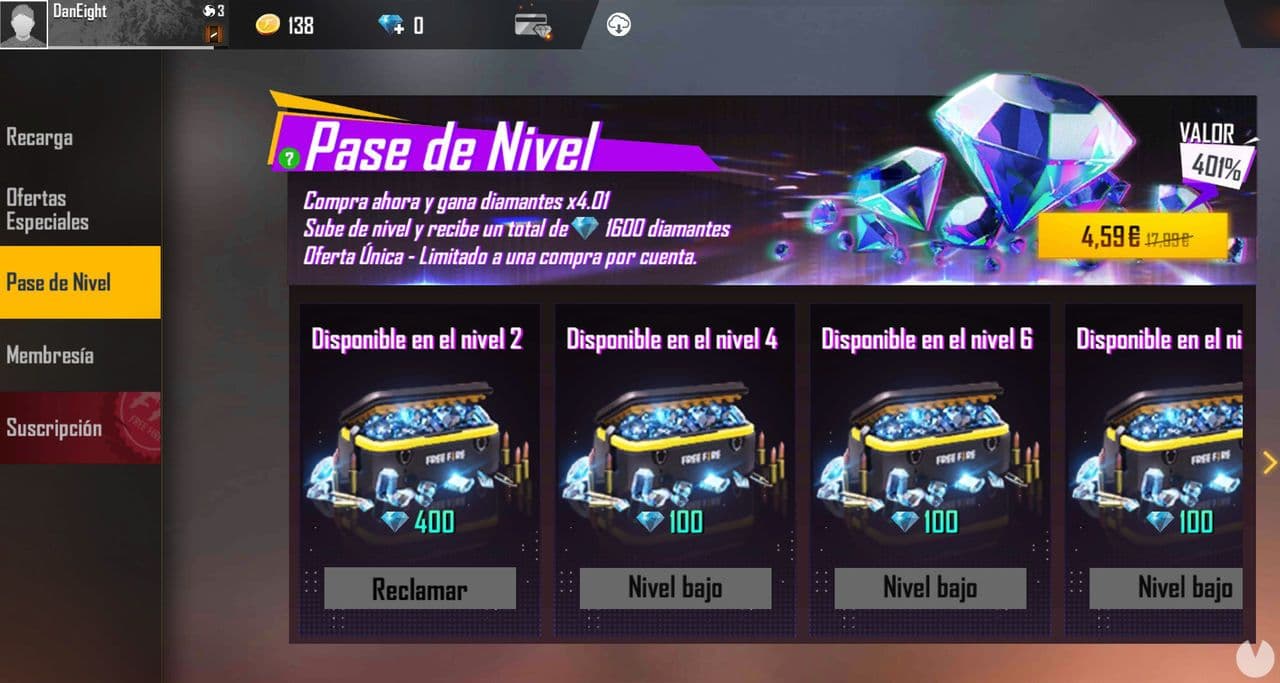 Free Fire Level Up Pass interface showing rewards for reaching specific account levels