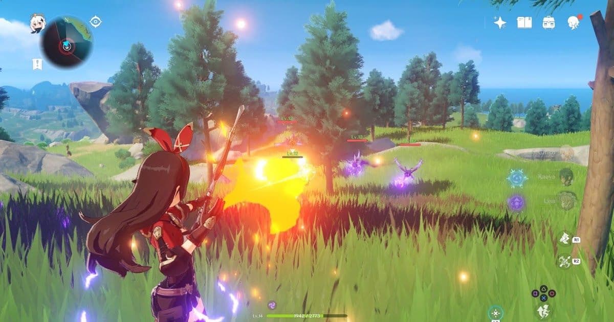 A Genshin Impact character uses Pyro elemental abilities to attack enemies in a lush open world environment.