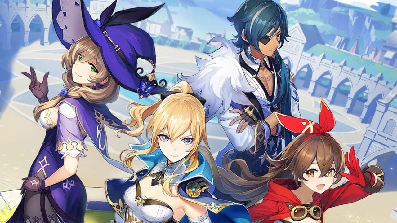 Four iconic Genshin Impact anime characters pose cheerfully in a vibrant fantasy cityscape.