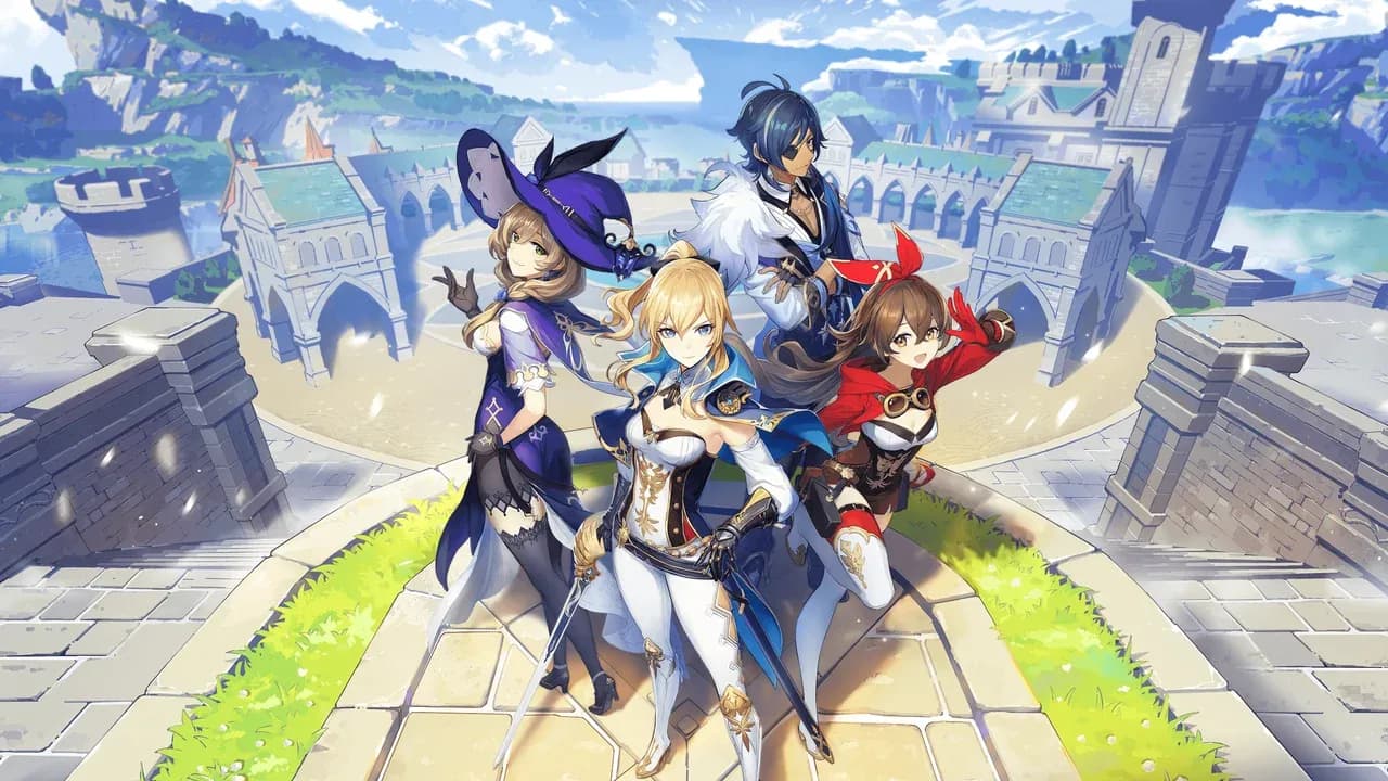 Genshin Impact characters stand on a stone amphitheater overlooking a vast fantasy landscape with a distant castle.