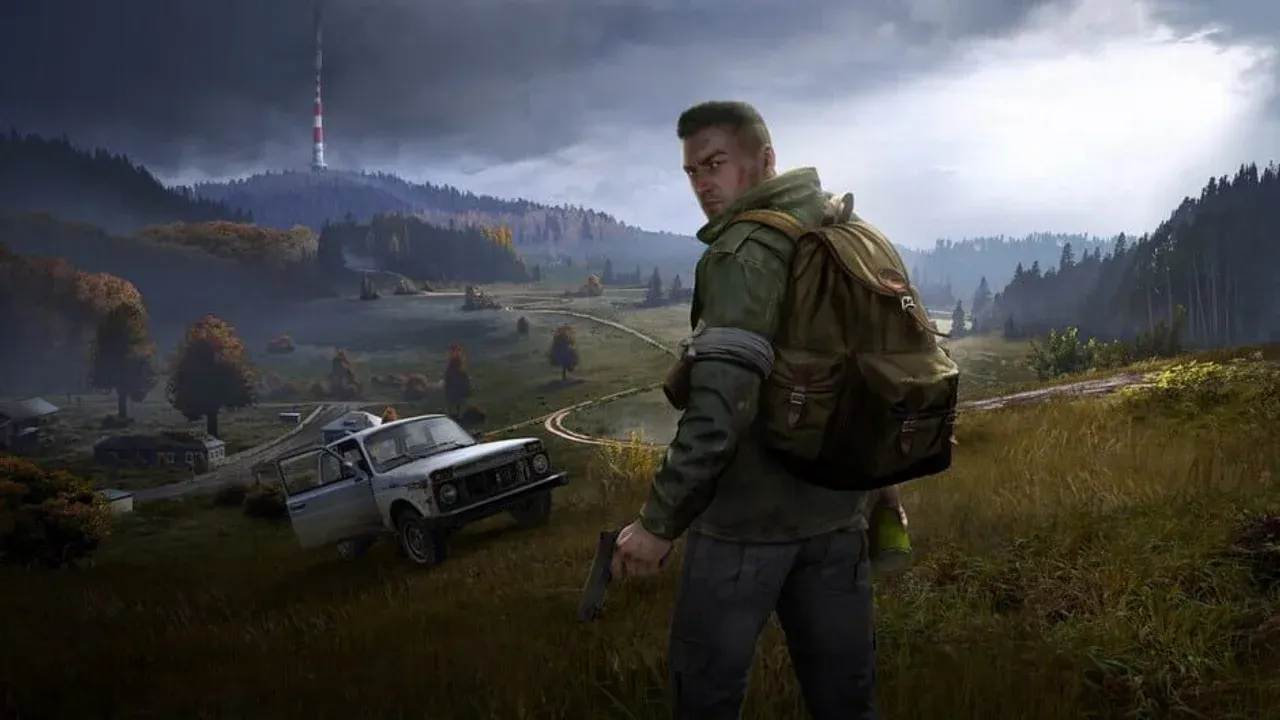 DayZ survivor overlooking a Chernarus valley with a backpack and weapon