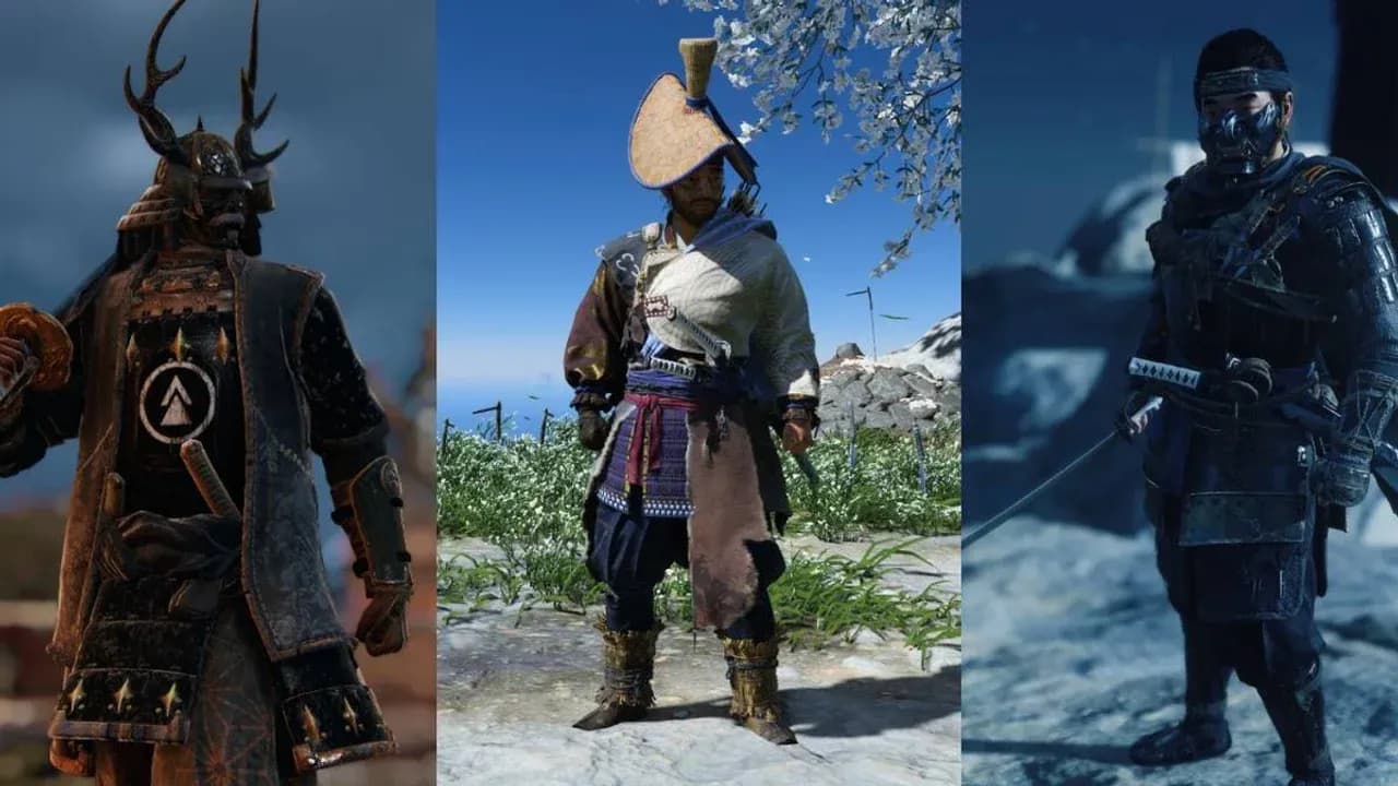 Three distinct Ghost of Tsushima armor sets showcasing different samurai, mythic, and stealth styles for Jin Sakai.