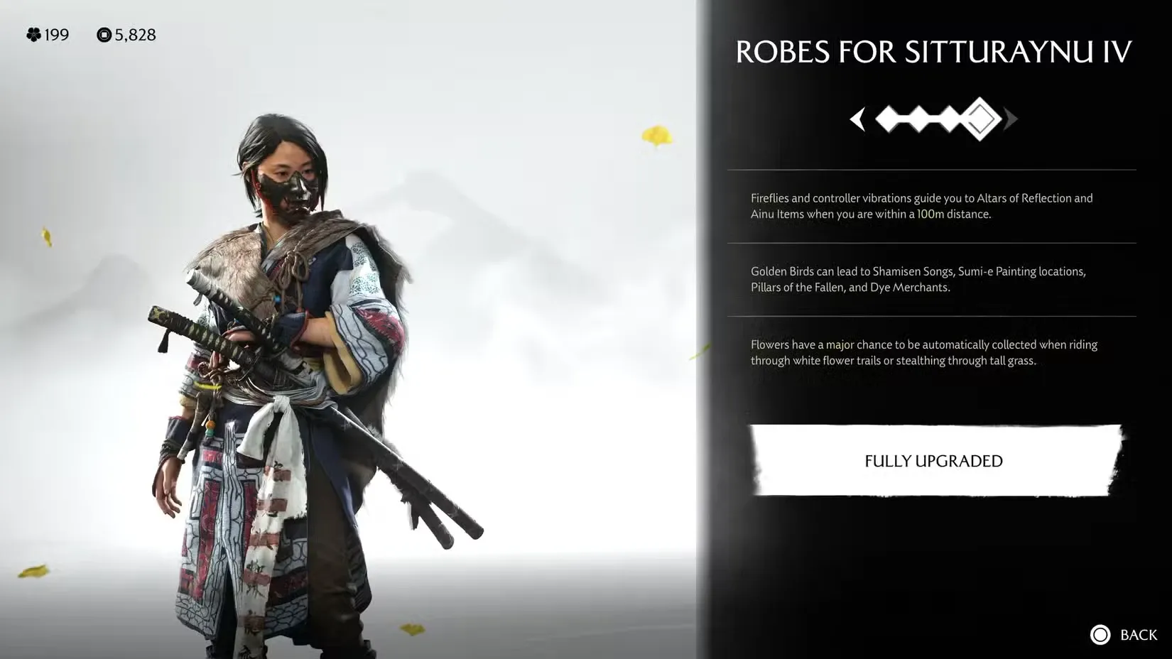 Traditional armor and robes for combat upgrades in the Ghost of Tsushima universe.