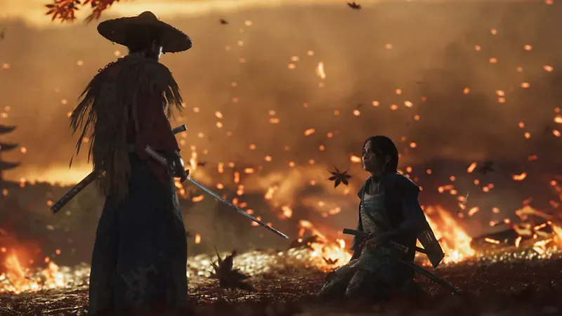 A Ghost of Tsushima combat scene showing the use of quick-throw items like kunai.