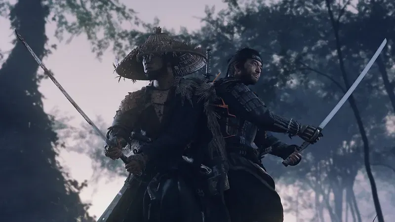 Jin Sakai prepares a defensive parry against a Mongol soldier in Ghost of Tsushima.