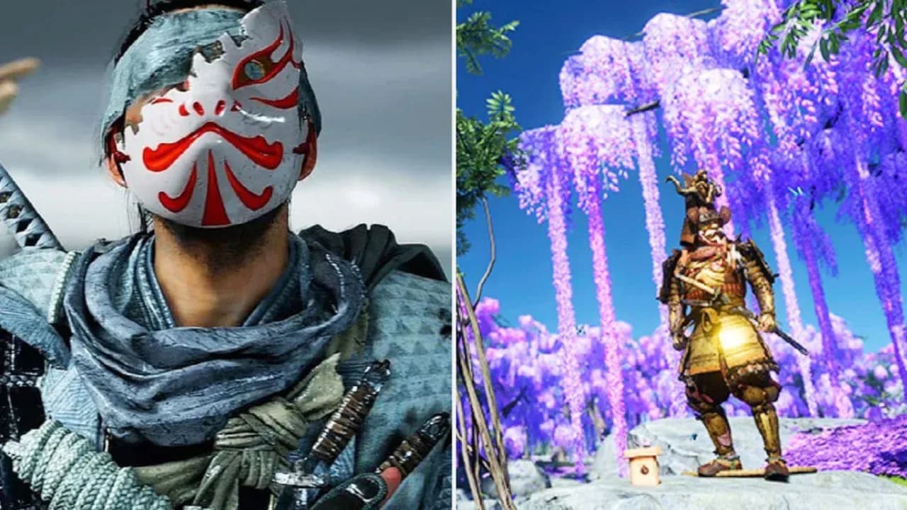 Jin Sakai stands before a forest statue and purple wisteria in Ghost of Tsushima's Iki Island expansion.