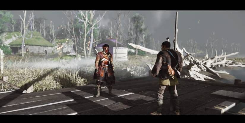 Jin Sakai meets the boat man to travel to Iki Island in Ghost of Tsushima Director's Cut.