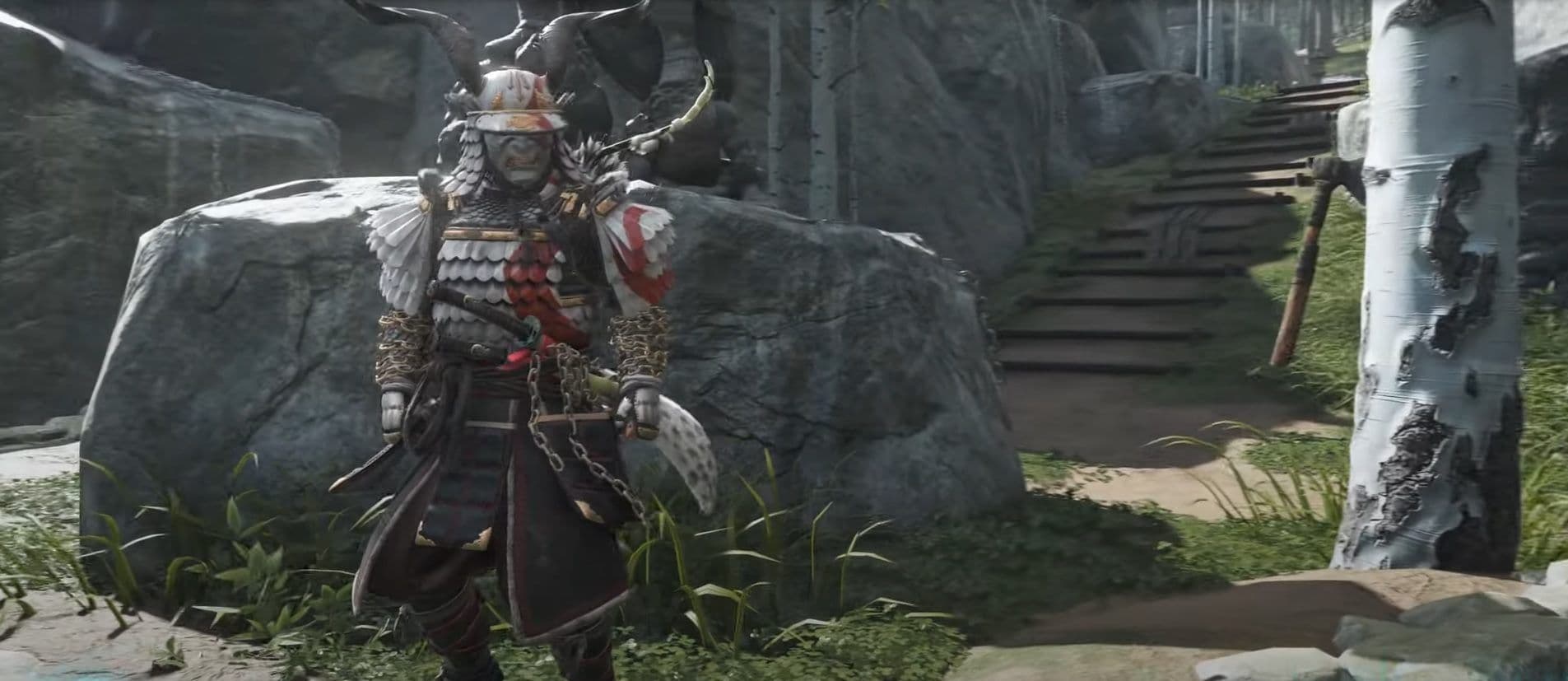 A heavily armored Shaman enemy stands in a rocky area on Iki Island in Ghost of Tsushima.