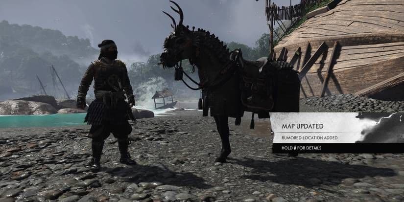 Jin Sakai's horse equipped with the legendary Sakai horse armor in Ghost of Tsushima Iki Island.