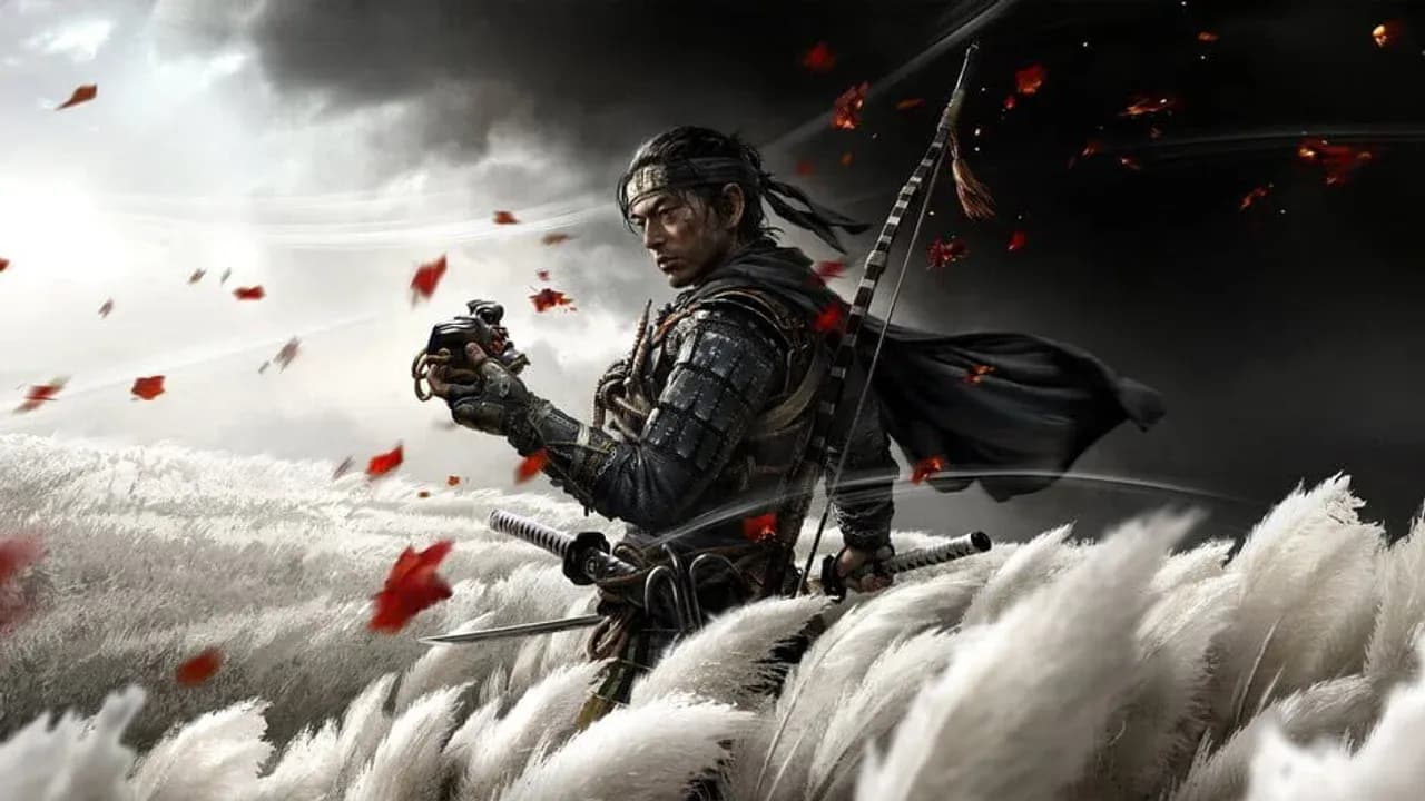 Jin Sakai stands ready with his katana in Ghost of Tsushima artwork, representing the journey to unlock Mythic Tales.