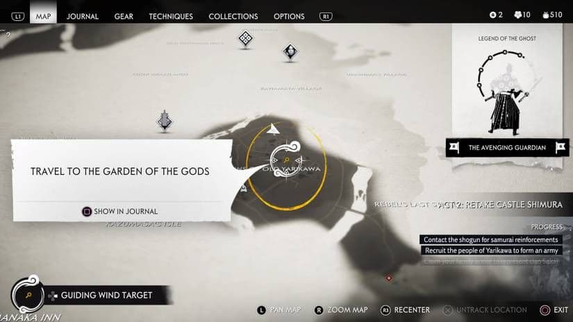 Ghost of Tsushima map interface showing the objective to travel to the Garden of the Gods.