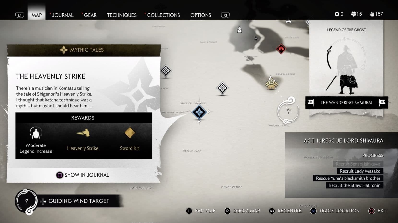 Ghost of Tsushima map displaying the location and rewards for the Heavenly Strike Mythic Tale.