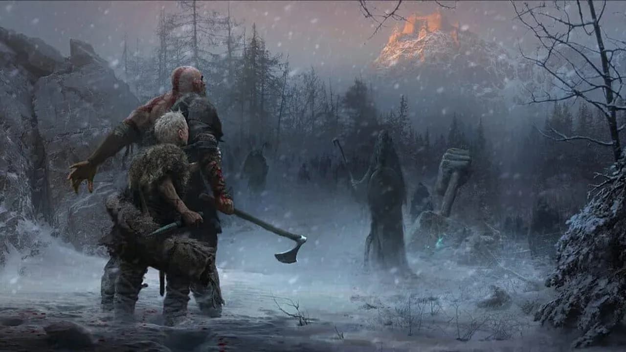 Kratos and Atreus stand together in a snowy forest in God of War, reflecting the family themes of Laufey's legacy.