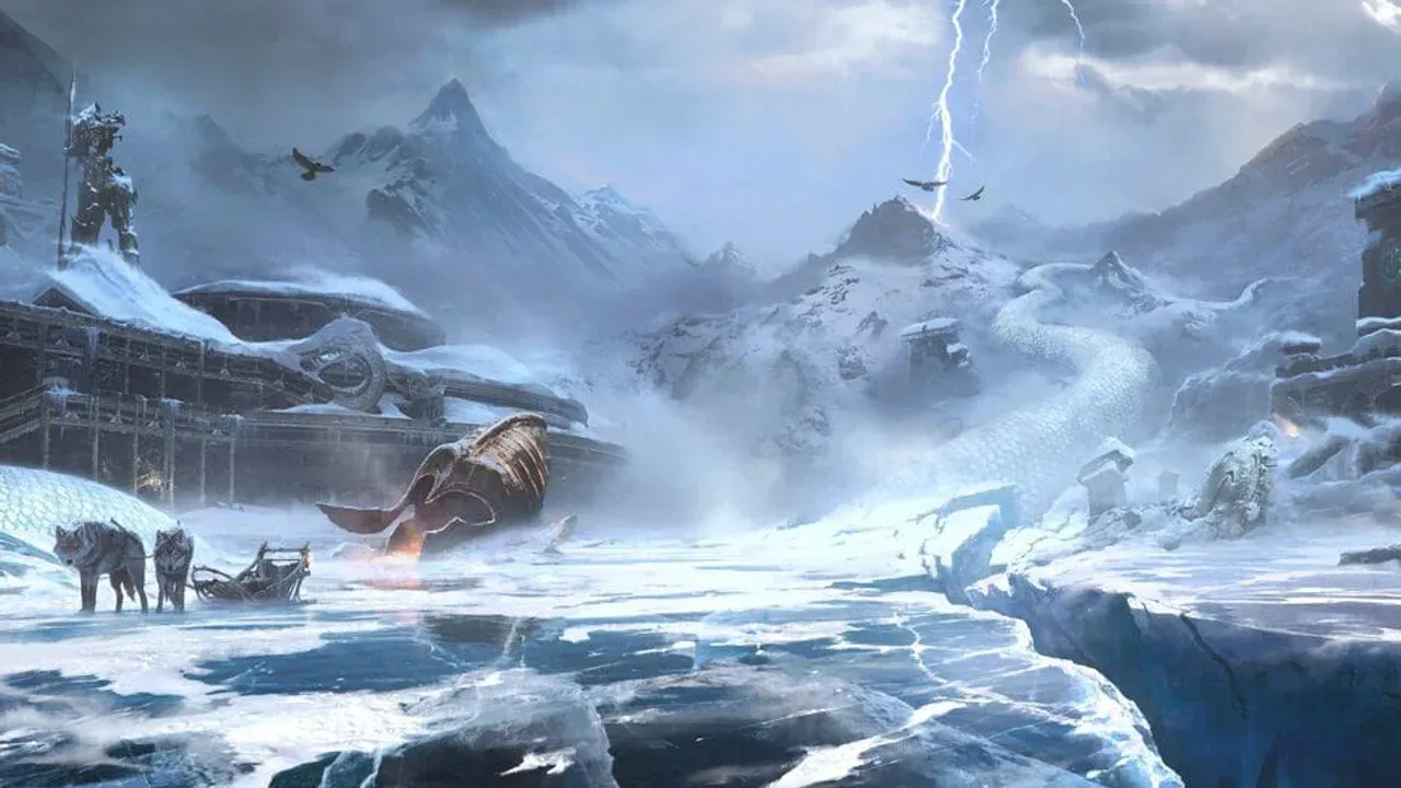 Official God of War Ragnarök artwork featuring Kratos and Atreus in a snowy landscape