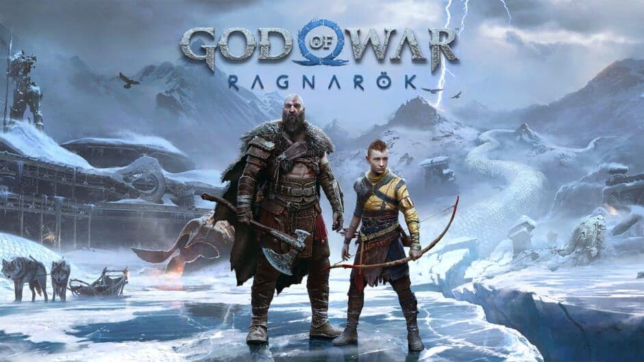 Arte detallado del juego oficial de God of War Ragnarok que destaca la ambientación de la mitología nórdica.