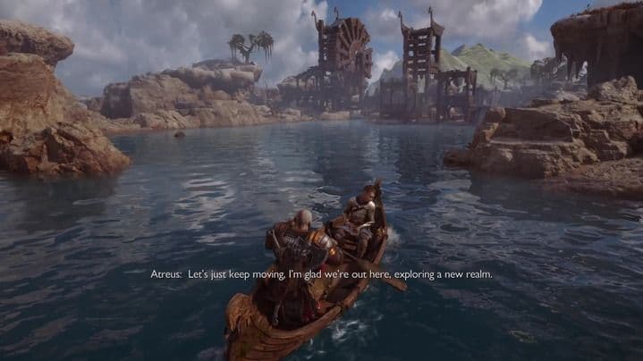 Kratos y Atreus navegan en bote a través de un nuevo reino en God of War Ragnarök