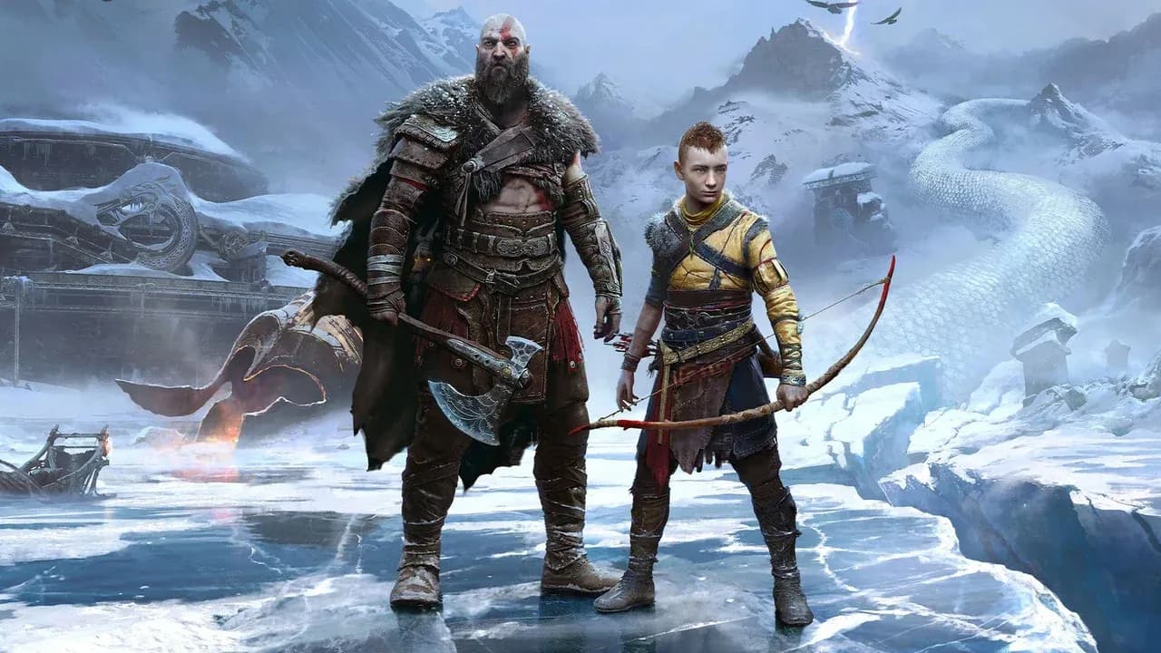 Kratos and Atreus face the World Serpent in the frozen wilds of God of War Ragnarök.