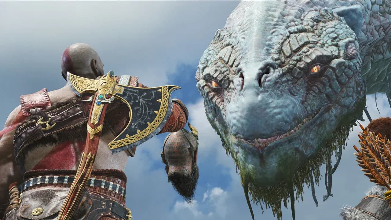 Kratos wields his axe against enemies in a dynamic God of War action sequence.