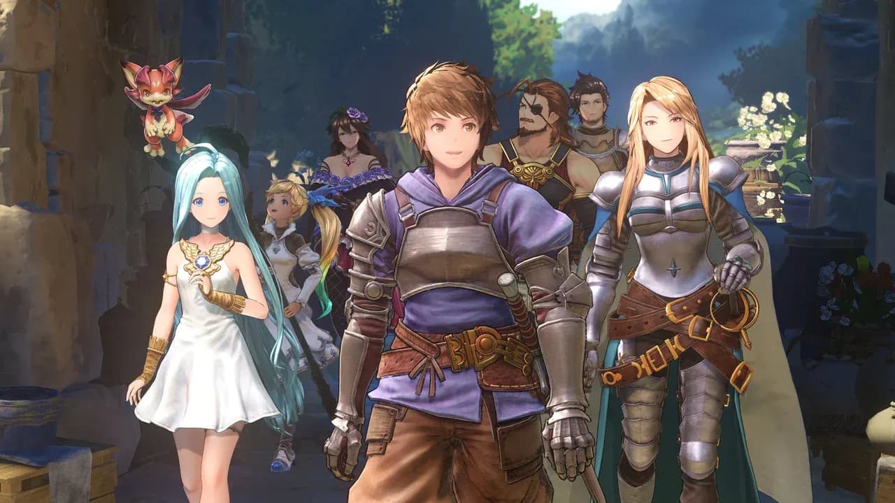 A diverse group of fantasy heroes including a swordsman and knight gather in Granblue Fantasy: Relink.