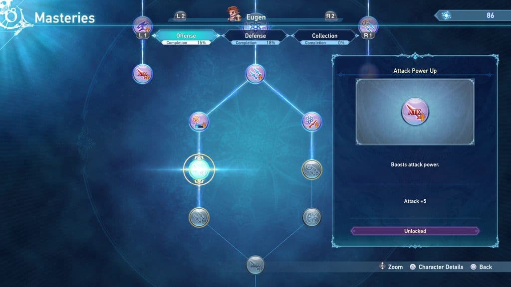 El menú del Árbol de Maestría en Granblue Fantasy Relink mostrando los nodos de progresión de habilidades de los personajes.