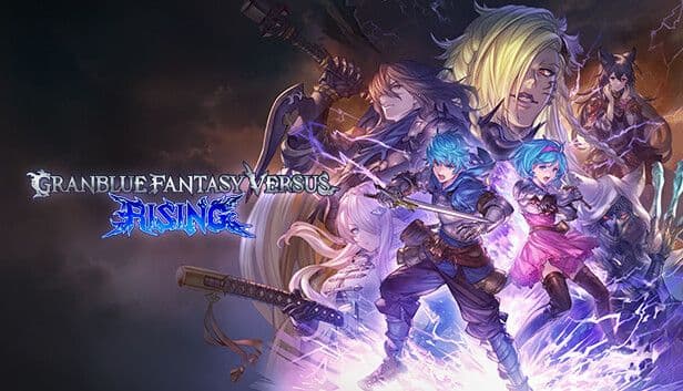 El logo de Granblue Fantasy Versus: Rising rodeado por los personajes principales contra un fondo tormentoso.