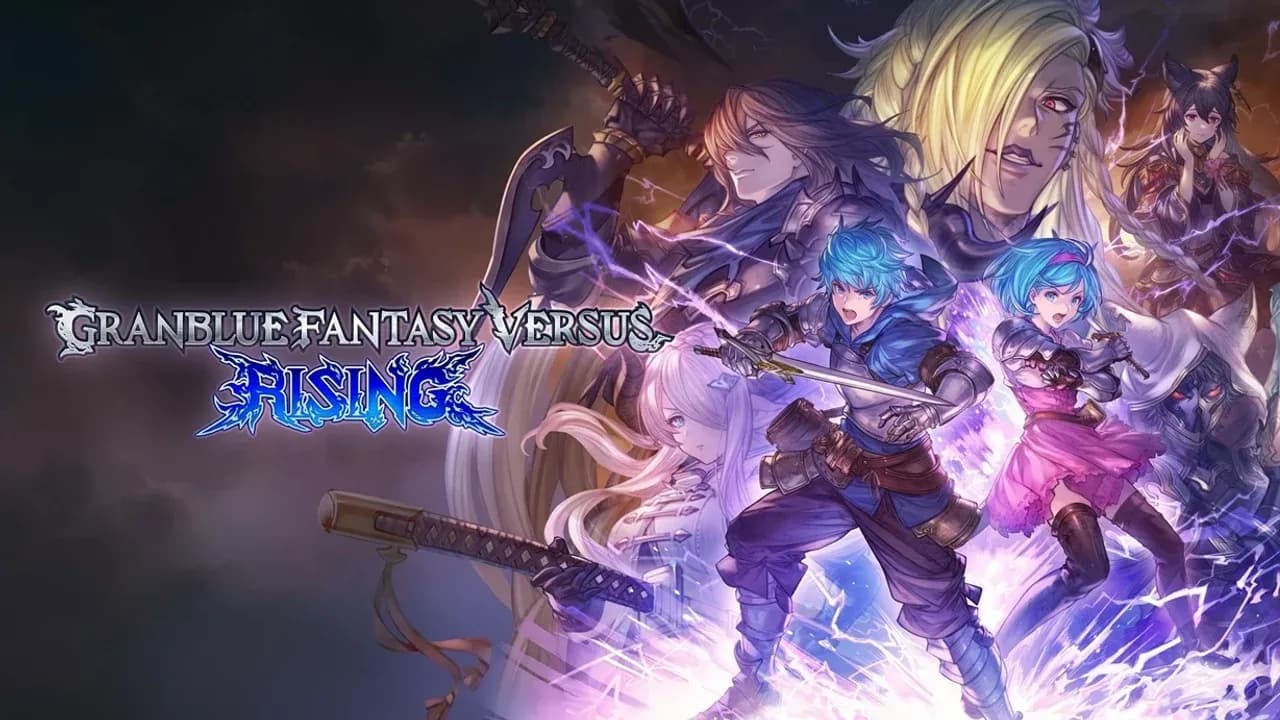 Granblue Fantasy Versus: Rising ensemble cast featuring Gran and Lyria in a dynamic fantasy battle pose.