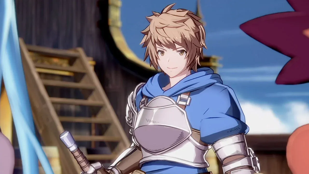 Gran stands confidently in front of a wooden airship in a scene from Granblue Fantasy Versus: Rising.