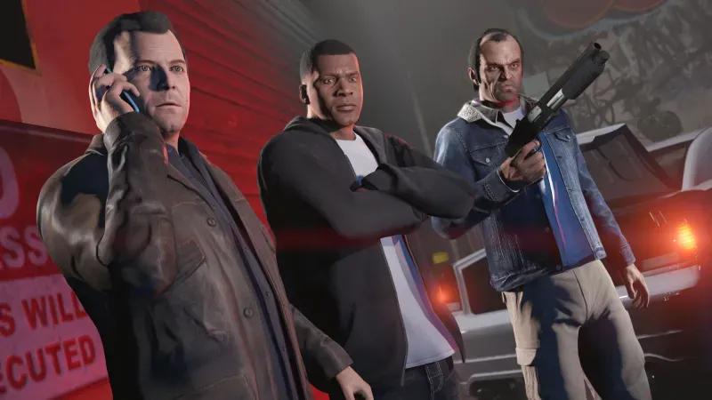 Grand Theft Auto V characters Michael and Trevor in a high-stakes action sequence during a mission.