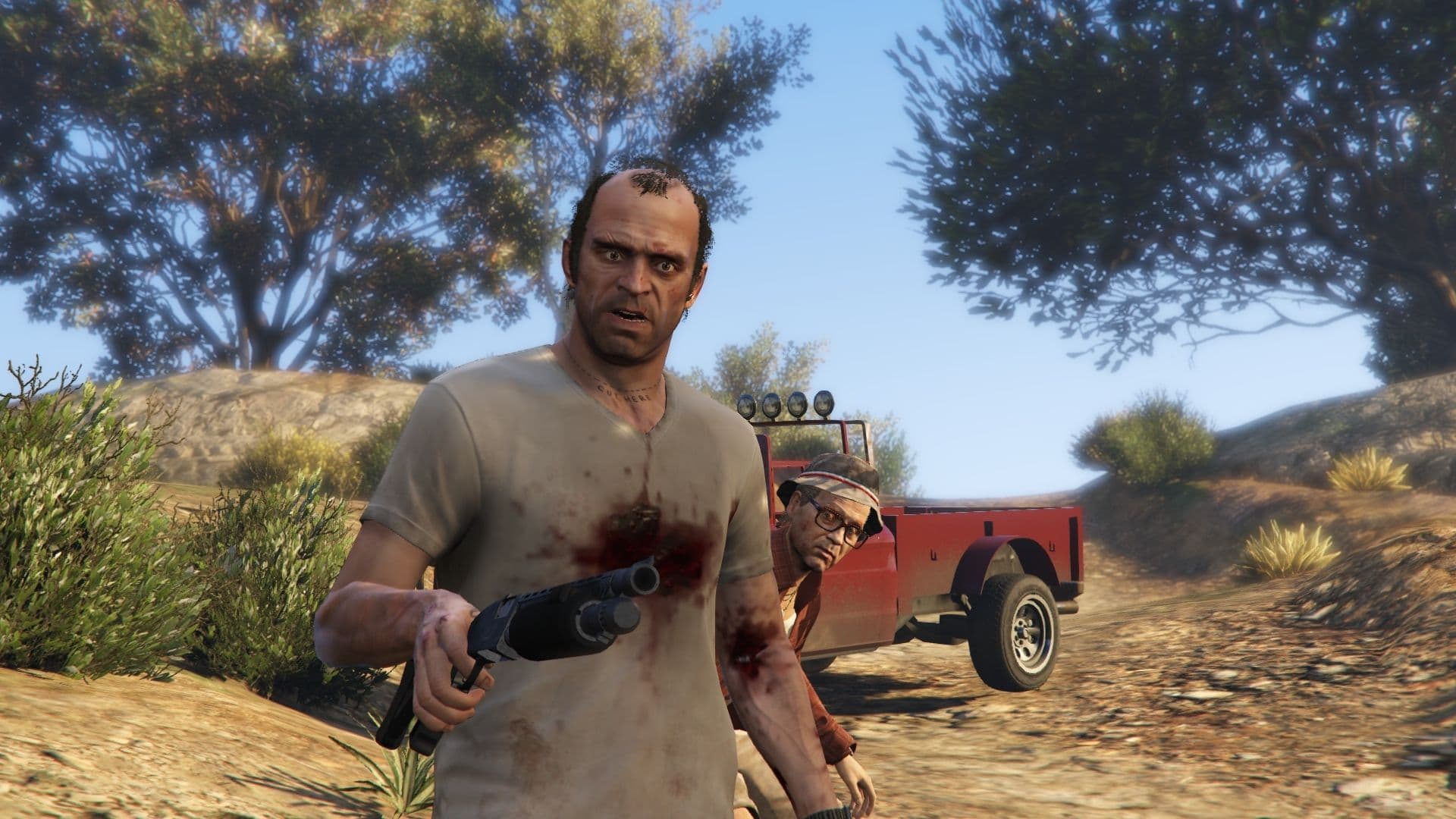 Grand Theft Auto V characters engaged in a gunfight in a rural forest environment.