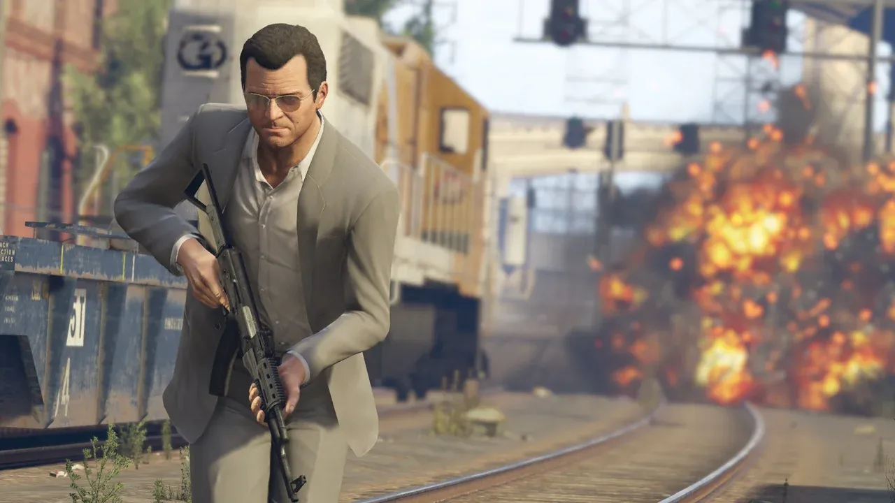 A man in a suit sprints away from a massive explosion on train tracks in an action scene from Grand Theft Auto V.