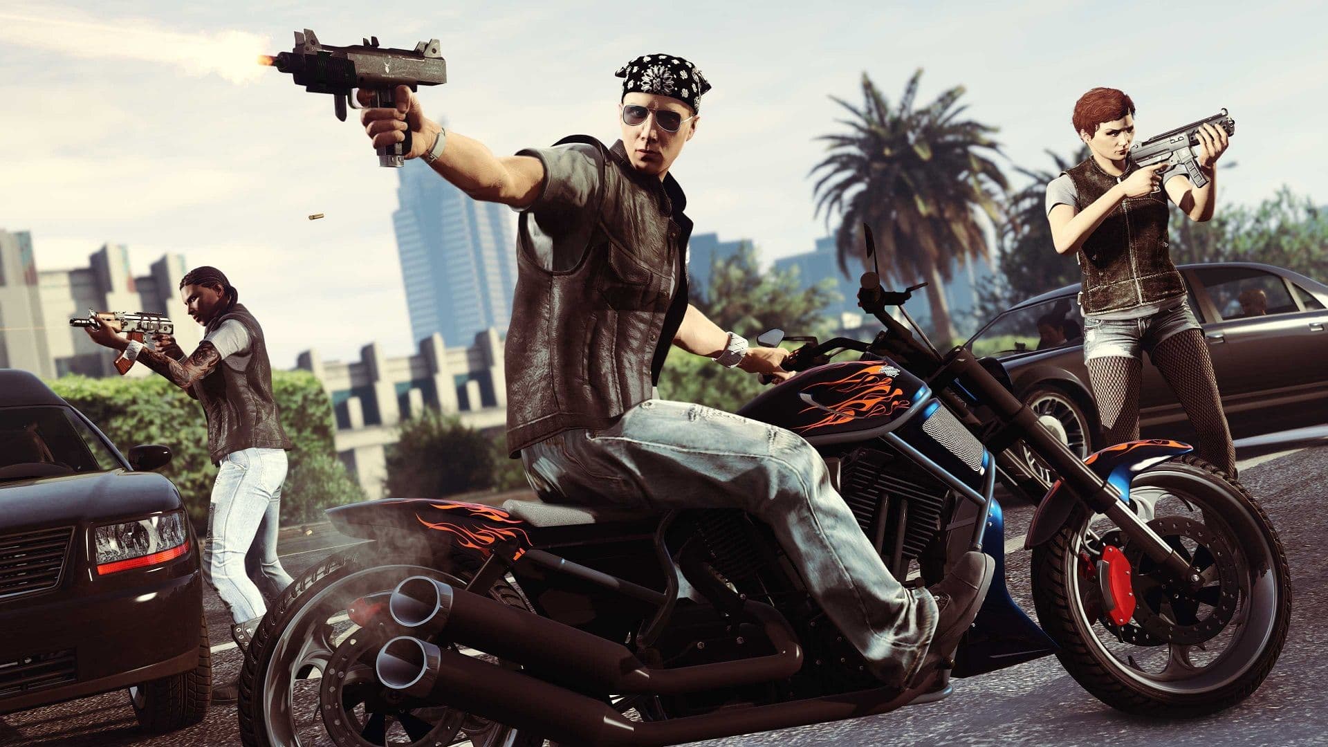 A promotional image for GTA Online showcasing the multiplayer expansion for Grand Theft Auto V.