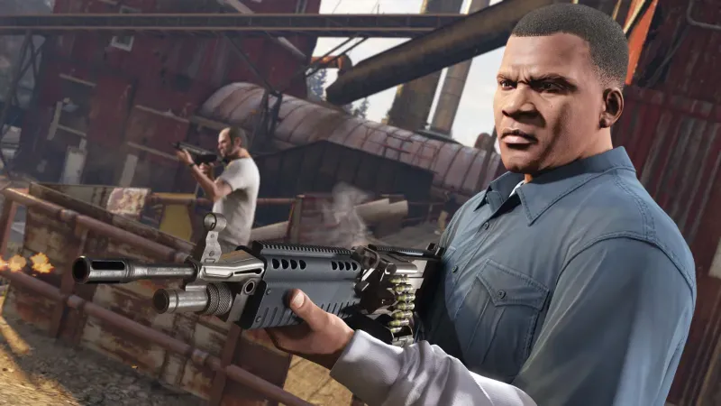 Michael, Trevor, and Franklin interacting during a cinematic moment in Grand Theft Auto V.