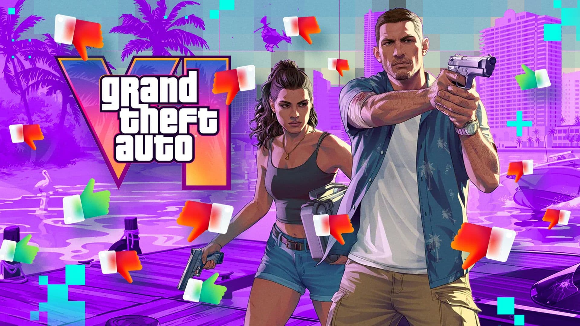 Grand Theft Auto VI characters Lucia and Jason against a backdrop of social media icons.