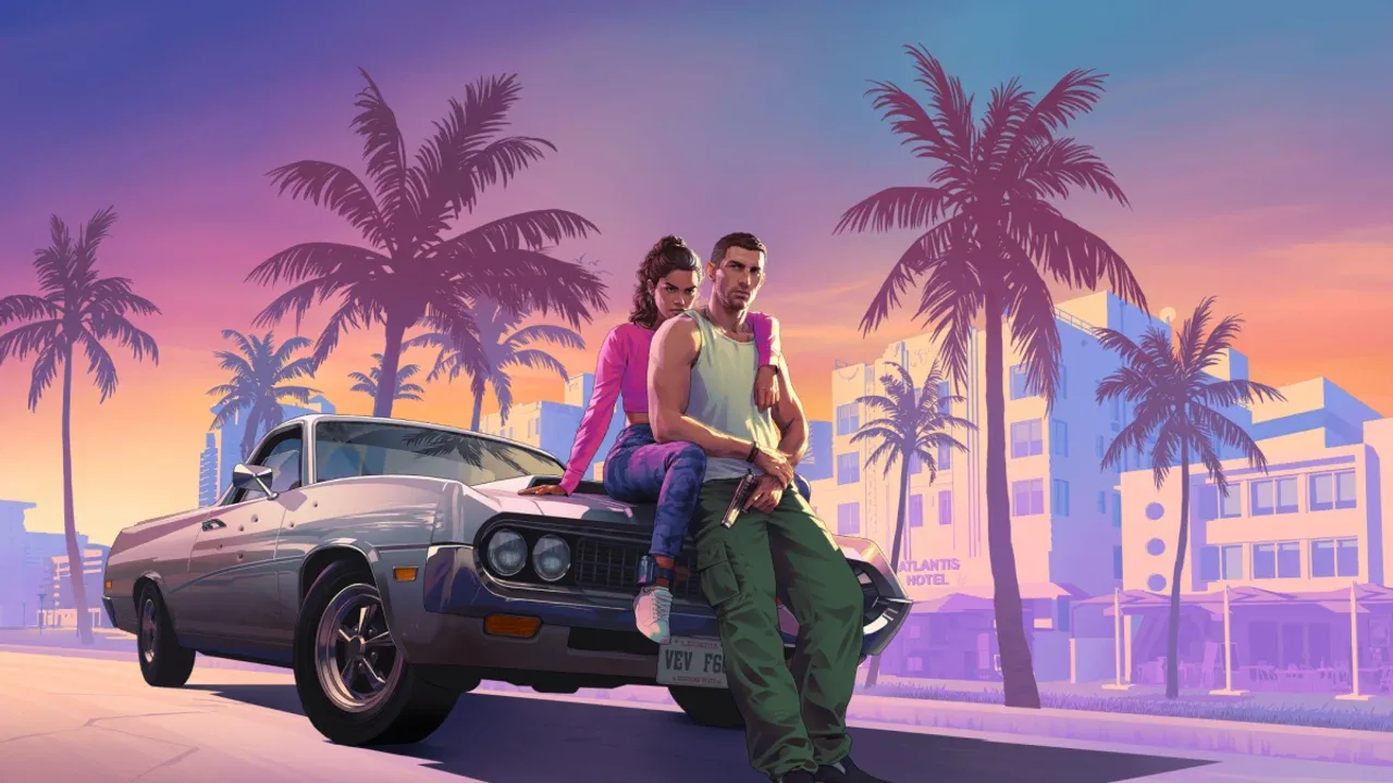 Grand Theft Auto VI protagonists Lucia and Jason lean against a car during a vibrant Vice City sunset.