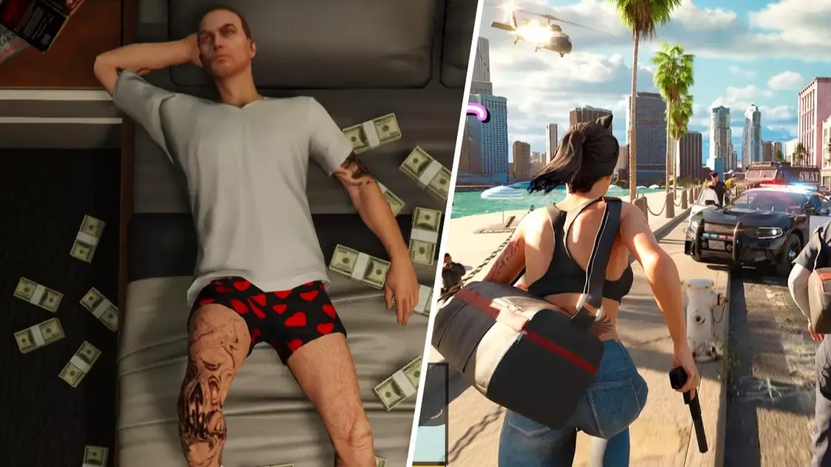A split composition showing Lucia and Jason in various criminal scenarios in Grand Theft Auto VI.