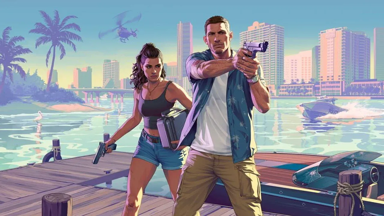 Grand Theft Auto VI protagonists Lucia and Jason leaning against a car in a vibrant Vice City setting.