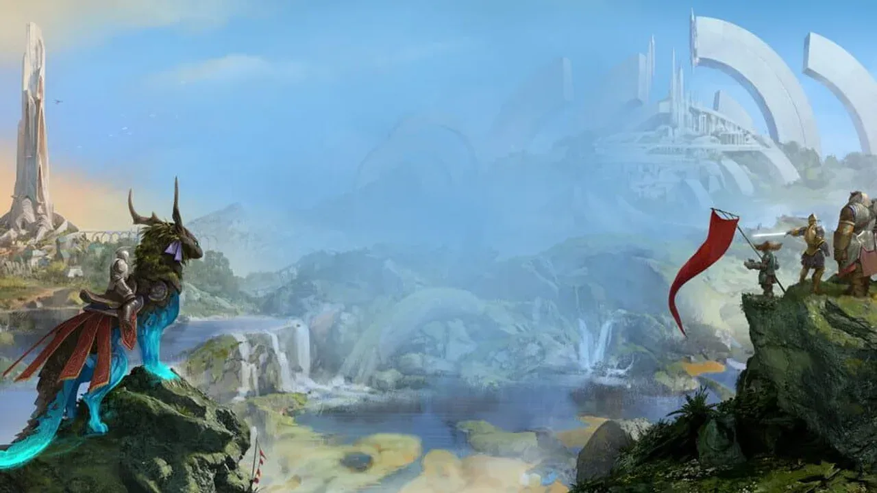 Vibrant Guild Wars 3 concept artwork showcasing a sprawling fantasy city and majestic architecture.