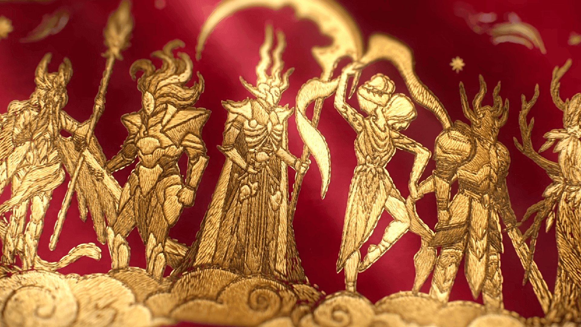 Intricate gold and red tapestry of the gods in Guild Wars 3 representing the game's deep lore.
