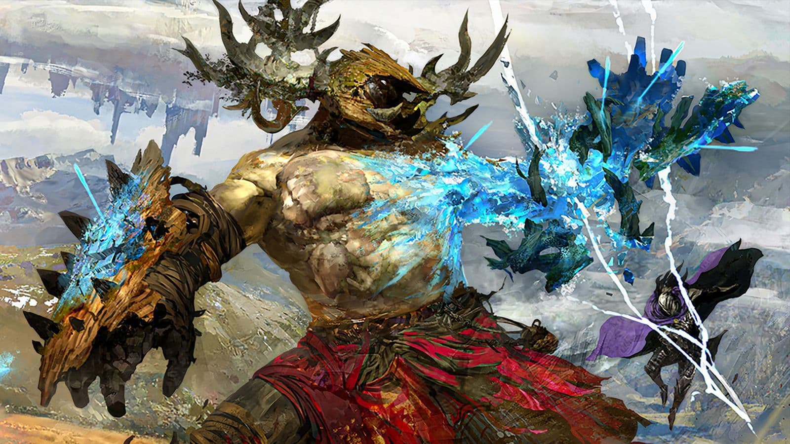 A powerful warrior in Guild Wars 3 unleashes a blue energy attack against a shadowy creature in a dynamic battle.