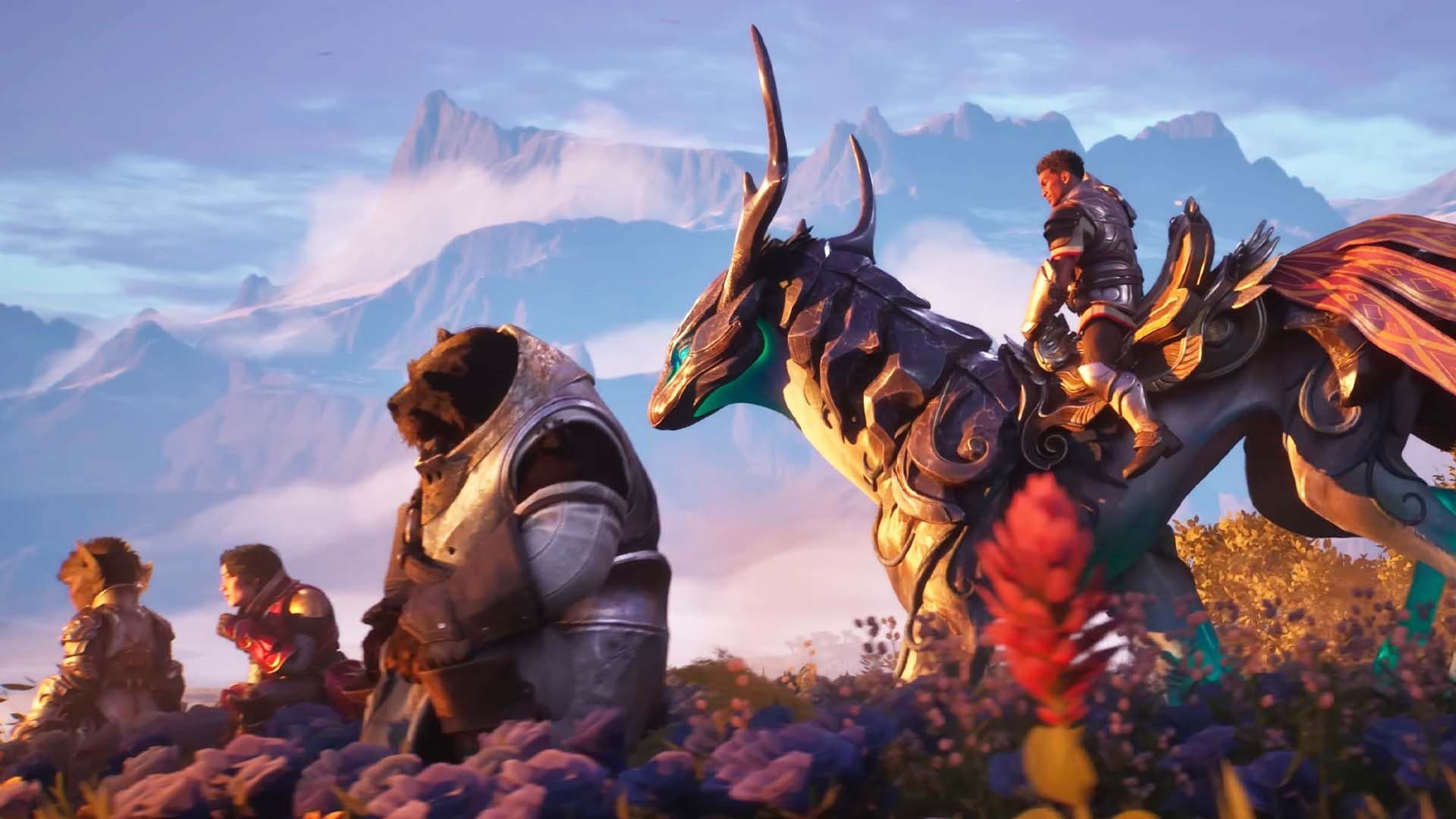 A Guild Wars 3 character rides a mythical creature across a vibrant mountainous landscape.