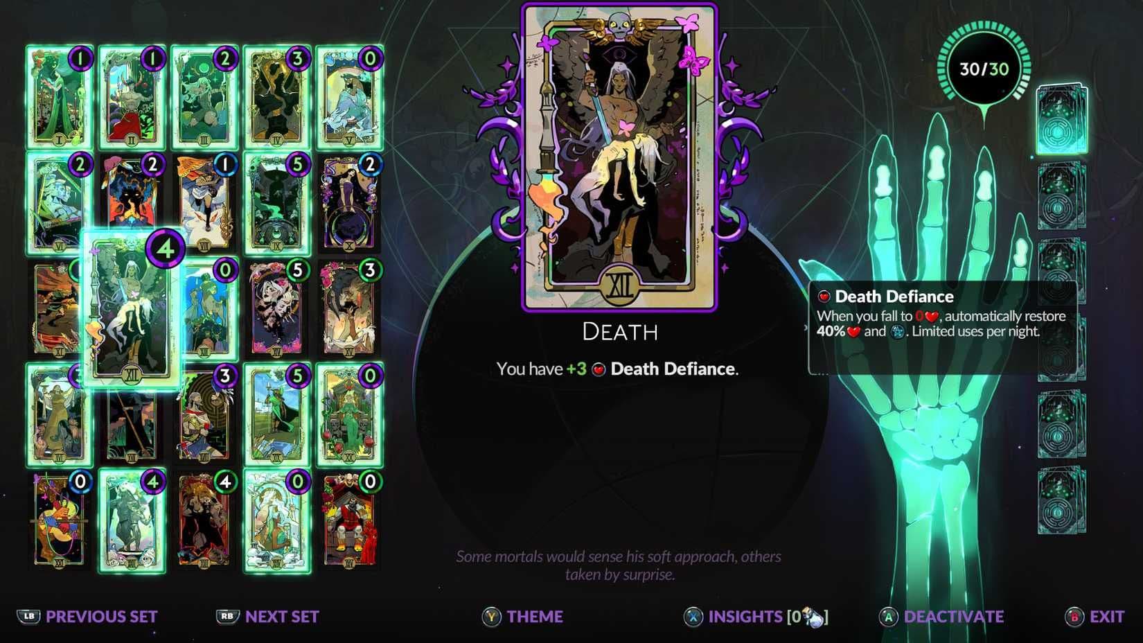 A display of Arcana cards in Hades 2 showing the Death Defiance talent for beginner players.