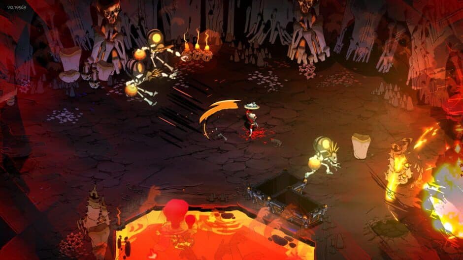Zagreus stands in a chamber within the Underworld regions of the game Hades.