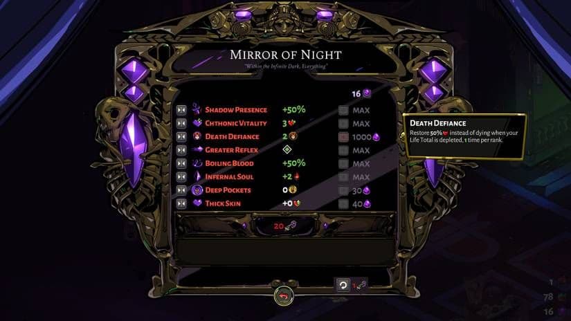 Hades Mirror of Night interface showing Death Defiance and Chthonic Vitality permanent upgrades