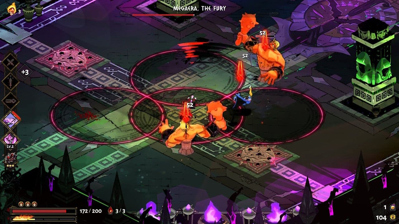 Zagreus faces off against armored enemies in a dark Underworld chamber in Hades.